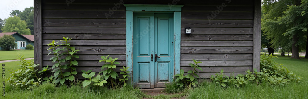 A Faded Blue Door, Once Part Of An Old Wooden House, Now Lies Hidden Behind Overgrowth In A Rural Village. 00002 A Faded Blue Door, Once Part Of An Old Wooden House, Now Lies Hidden Behind Overgrowth In A Rural Village. 00002