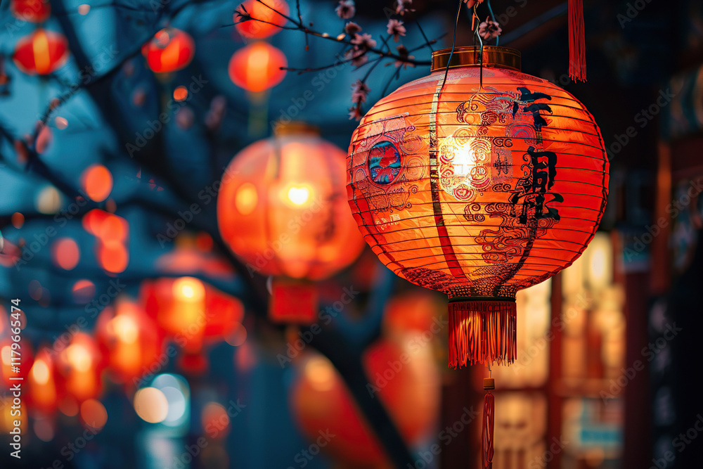 Obraz premium Beautiful holiday composition for happy celebrate chinese festival of lanterns, abstract vivid composition consists of fictional unreal fantastic vision on background