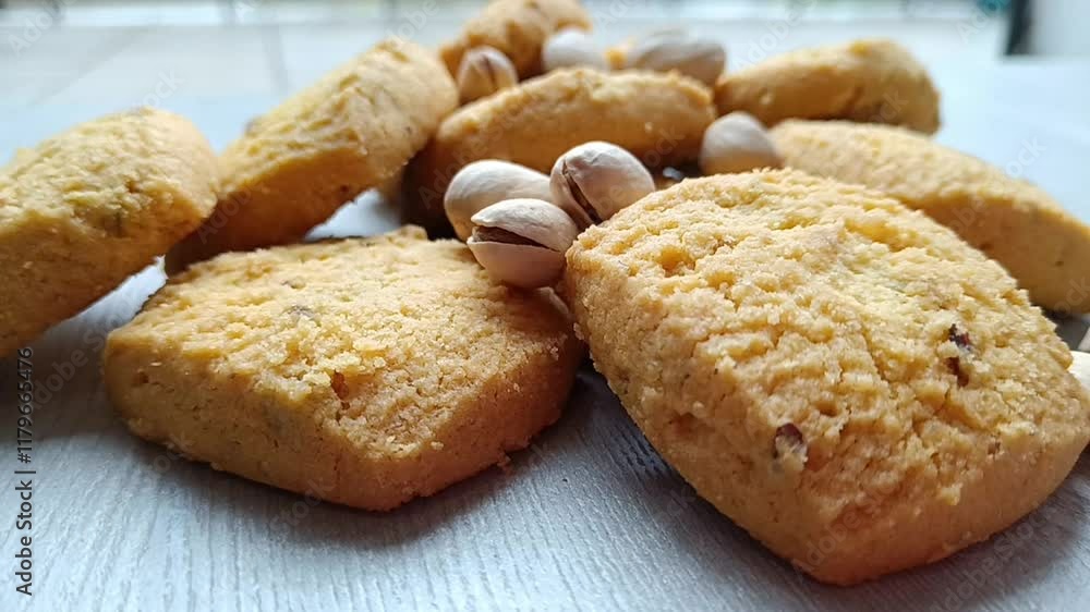 Raw pistachios with biscuits on a plate Raw pistachios with biscuits on a plate
