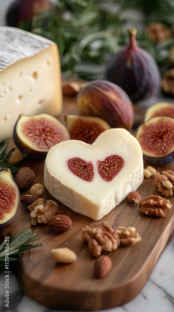 A gourmet cheese board arranged with figs, nuts, and heart-shaped brie A gourmet cheese board arranged with figs, nuts, and heart-shaped brie