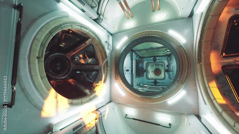 The interior space station features advanced technology, large circular openings, and illuminated panels. The design reflects a blend of functionality and innovation in a weightless environment. The interior space station features advanced technology, large circular openings, and illuminated panels. The design reflects a blend of functionality and innovation in a weightless environment.