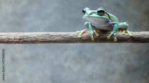 Close-up of a vibrant green tree frog perched on a weathered branch against a textured gray background. photo