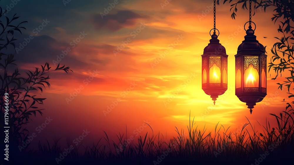 Fototapeta premium Glowing Ramadan lanterns under a stunning sunset background, peaceful evening atmosphere, extra space is provided for text