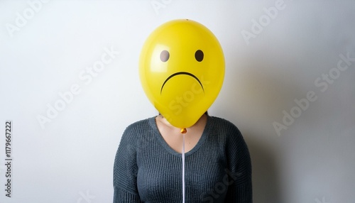 Anonymous woman with sad yellow balloon instead of head. Portrait showing sadness, isolated on white background.