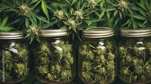 Close-up of mason jars filled with cannabis buds, surrounded by lush green cannabis plants. photo