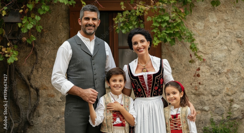 Happy family in traditional bavarian attire with smiling parents and children in rural setting