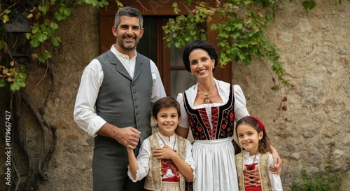 Obraz na płótnie Happy family in traditional bavarian attire with smiling parents and children in rural setting w salonie
