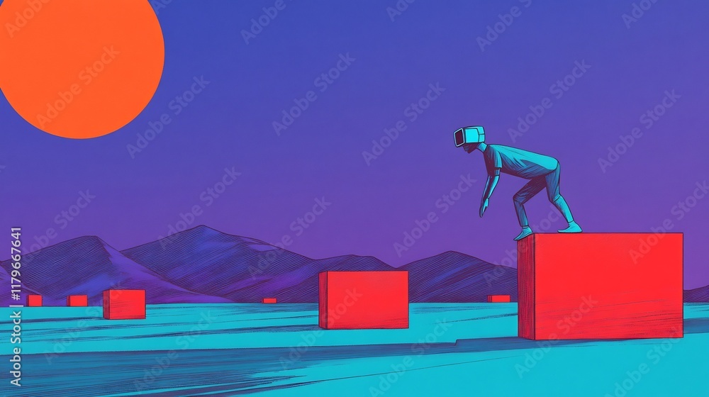 Naklejka premium Striking Digital Painting: Alien Figure Leaps Boldly Across Surreal Landscape. AI Generated
