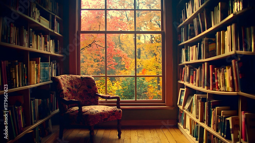 Autumnal library nook with bookshelves, armchair, and fall foliage view. photo