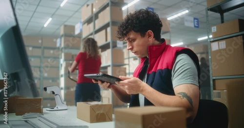 Male warehouse clerk scans parcels using tablet computer, works in postal service or online store logistics storage. Sorting center employees carrying cardboard boxes for delivery. E-commerce products
