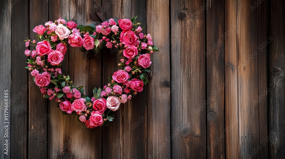 A heart-shaped wreath made of roses hanging on a rustic wooden door A heart-shaped wreath made of roses hanging on a rustic wooden door