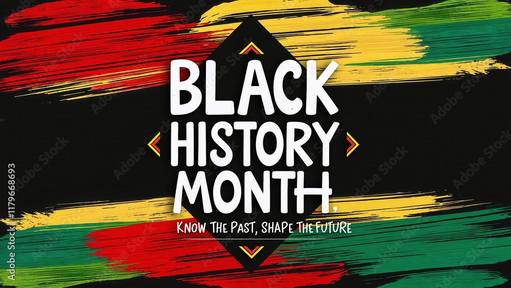 Fototapeta premium Black History Month banner with bold typography, Pan-African color strokes, and inspiring message. Ideal for cultural events, awareness campaigns, and educational projects. AI