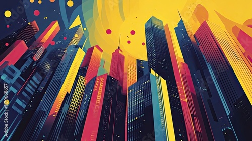 Abstract City Design Featuring Vibrant Colors and Dynamic Shapes 