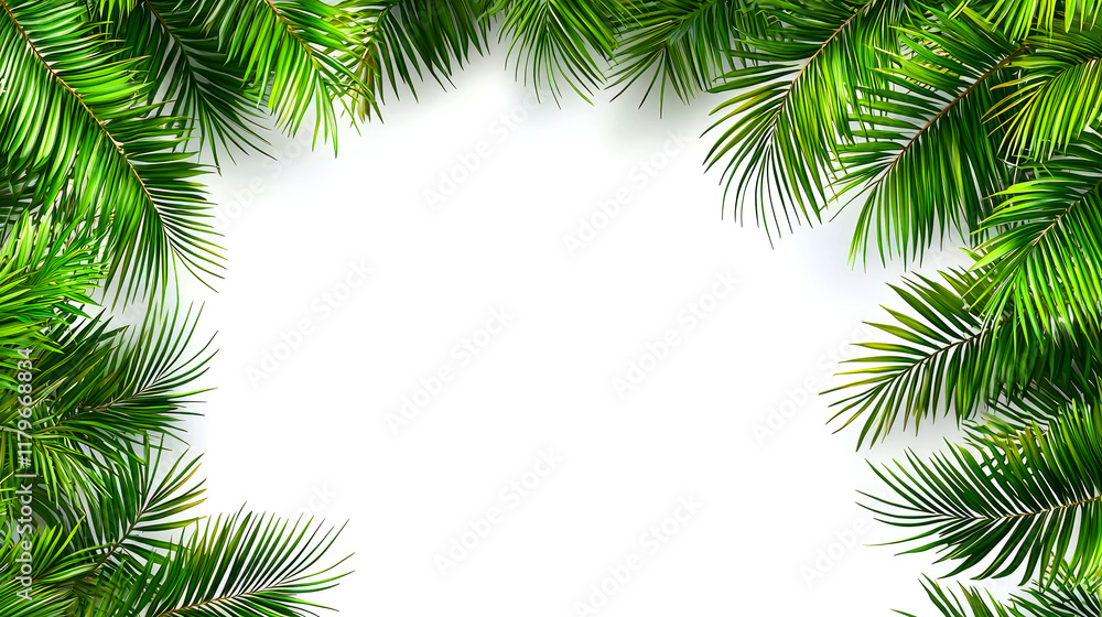Lush Tropical Palm Leaves Frame: Vibrant Green Foliage Border on White Background Lush Tropical Palm Leaves Frame: Vibrant Green Foliage Border on White Background