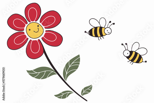 cartoon flower, simple illustration, red petals, yellow center, two bees, black and yellow stripes B.eps