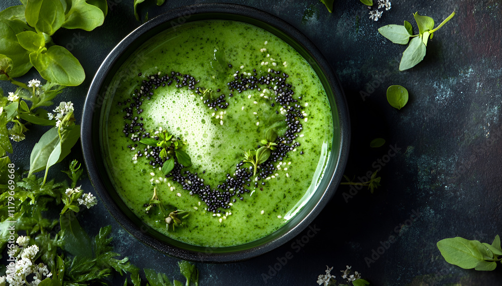 Green vegetable and herbs smoothie with heart of poppy and sesame seeds. Love for a healthy raw food concept Green vegetable and herbs smoothie with heart of poppy and sesame seeds. Love for a healthy raw food concept