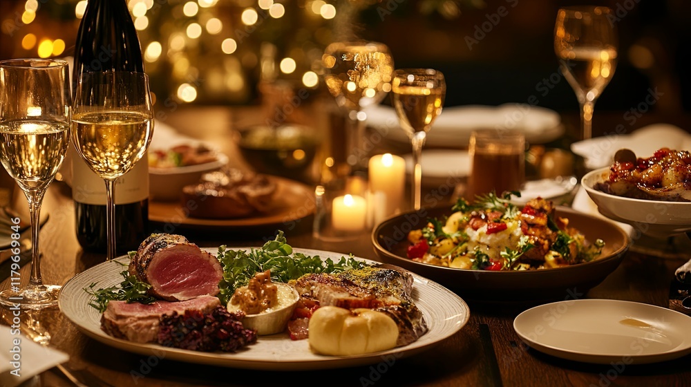 A luxurious home dinner setup with gourmet dishes and candlelit ambiance A luxurious home dinner setup with gourmet dishes and candlelit ambiance