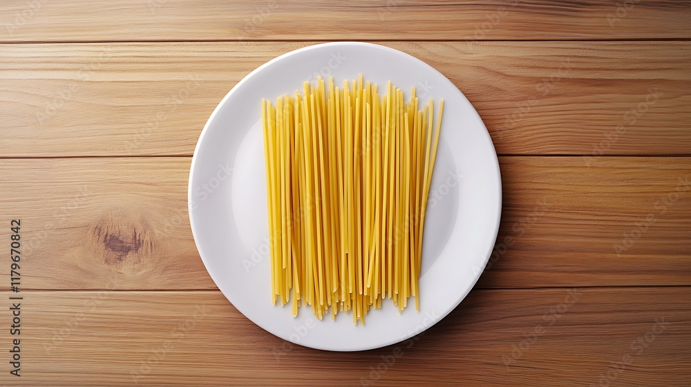 Fresh Spaghetti Strands Arranged Neatly on a White Plate on a Wooden Table Surrounded by Natural Light, Ideal for Culinary Inspirations and Food Photography Fresh Spaghetti Strands Arranged Neatly on a White Plate on a Wooden Table Surrounded by Natural Light, Ideal for Culinary Inspirations and Food Photography