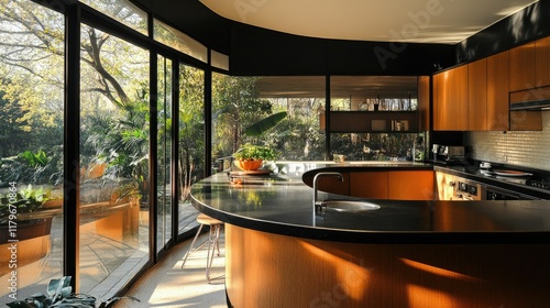 A modern kitchen with a curved pastel brown counter, black surfaces, and minimalist furnishings. Oversized windows provide a view of a sunny courtyard.