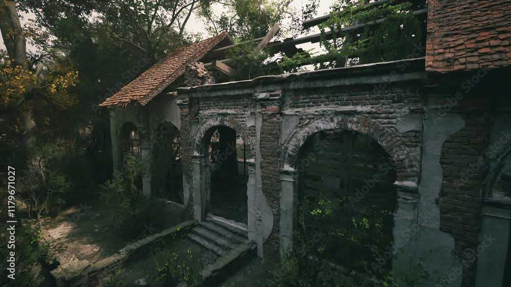 Ruins of an old structure reveal crumbling walls and overgrown vegetation. Sunlight filters through the trees, enhancing the atmosphere of decay and nature reclaiming the space. Ruins of an old structure reveal crumbling walls and overgrown vegetation. Sunlight filters through the trees, enhancing the atmosphere of decay and nature reclaiming the space.