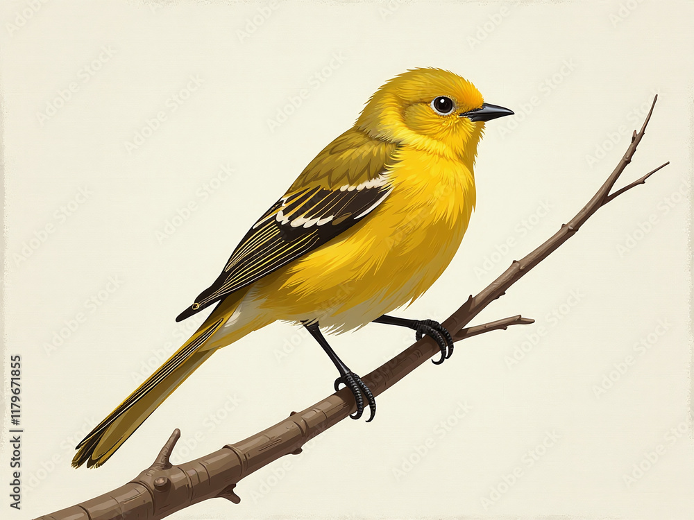 Obraz premium A Digital Artist Created A Painting Of A Yellow Bird Perched On A Branch With Long Tail Strokes And Textured Canvas. 00002