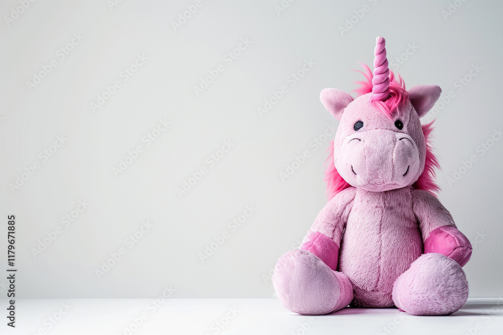 Fototapeta premium Fantastically beautiful mythological pink unicorn with big long horn, abstract vivid composition consists of fictional unreal fantastic vision on background