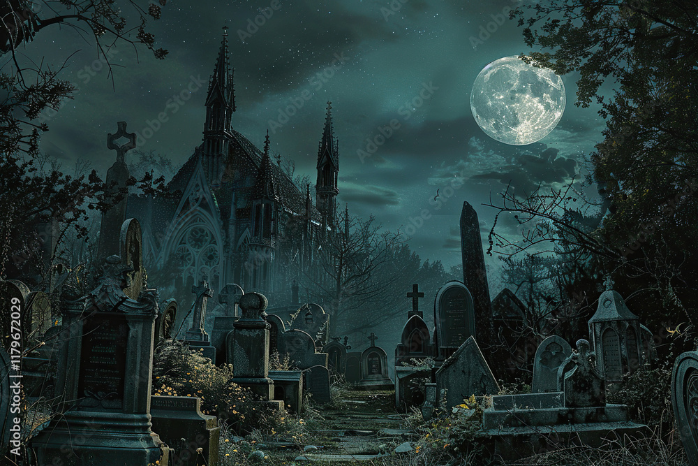Obraz premium Fantastically mysterious cemetery with tombstones and terribly scary atmosphere, abstract vivid composition consists of fictional unreal fantastic vision on background