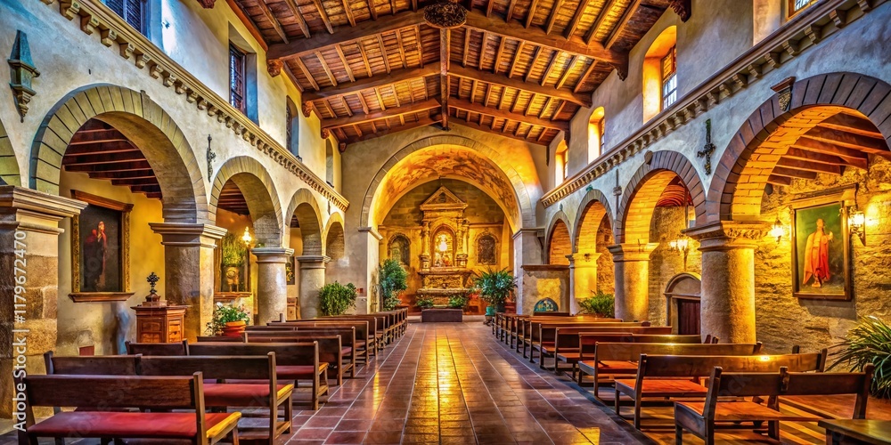 Naklejka premium Historic Mission San Juan Capistrano Church Interior - Architectural Details & Spiritual Atmosphere
