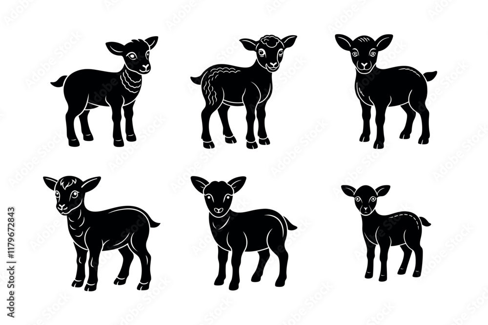 Cute Black and White Goat Silhouettes for Design on a white background Cute Black and White Goat Silhouettes for Design on a white background
