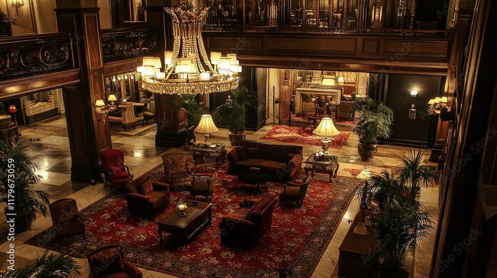 A luxury hotel lobby with elegant furniture and a grand chandelier A luxury hotel lobby with elegant furniture and a grand chandelier
