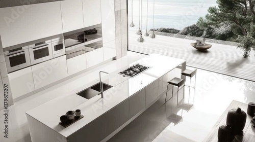 An overhead view of a modern kitchen with a wide island, seamless white counters, and a backdrop of shiny stainless steel appliances and panoramic floor-to-ceiling windows.