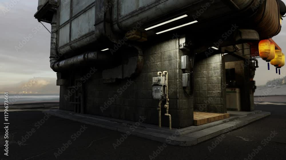A weathered industrial building stands at a coastal location. Lanterns hang nearby, casting a soft glow as the dawn light begins to illuminate the scene. A weathered industrial building stands at a coastal location. Lanterns hang nearby, casting a soft glow as the dawn light begins to illuminate the scene.