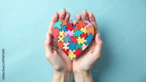 Wallpaper Mural A delicate hand cradles a vibrant wooden heart-shaped puzzle piece, its facets reflecting hues of crimson, cobalt, sunshine, lime, tangerine, blush, and plum Torontodigital.ca