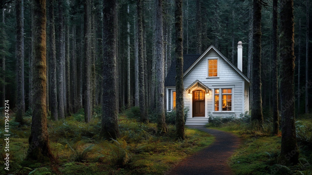 Secluded cabin nestled in a dark forest at dusk, illuminated windows, path leading to the front door. Secluded cabin nestled in a dark forest at dusk, illuminated windows, path leading to the front door.