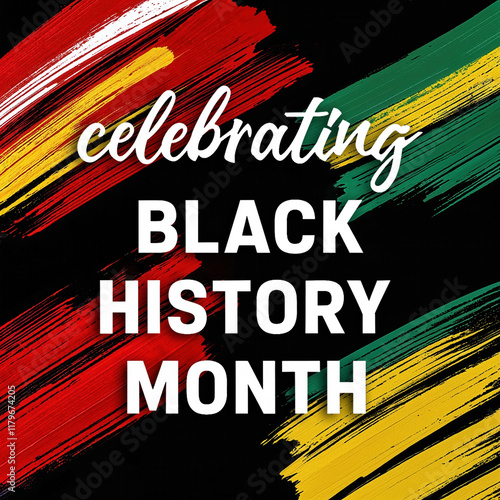 Celebrating Black History Month banner with bold brushstroke design in red, green, yellow, honoring African American heritage and cultural pride, perfect for website headers, educational content, AI