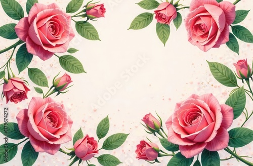 A bunch of pink roses with green leaves on a white background