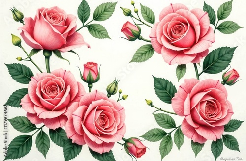 Floral pattern with roses and greenery, bright sunny day, natural light glowing softly, subtle details of flowers