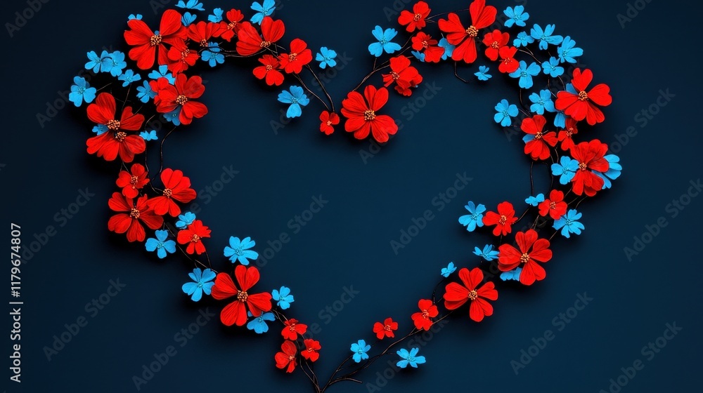 Heart-Shaped Floral Arrangement with Vibrant Red and Blue Flowers on Dark Background Heart-Shaped Floral Arrangement with Vibrant Red and Blue Flowers on Dark Background