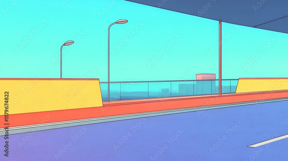 Naklejka premium Vibrant Digital Illustration: City Highway Viewed from Above on a Sunny Day. AI Generated