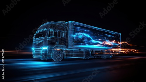 Dynamic Truck Journeying on Open Highway Illuminated by Striking Blue Light Creating a Bold and Adventurous Scene photo