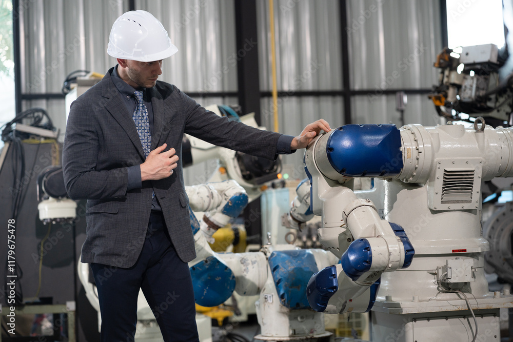 Business or engineer Caucasian male checking robot arm Business or engineer Caucasian male checking robot arm