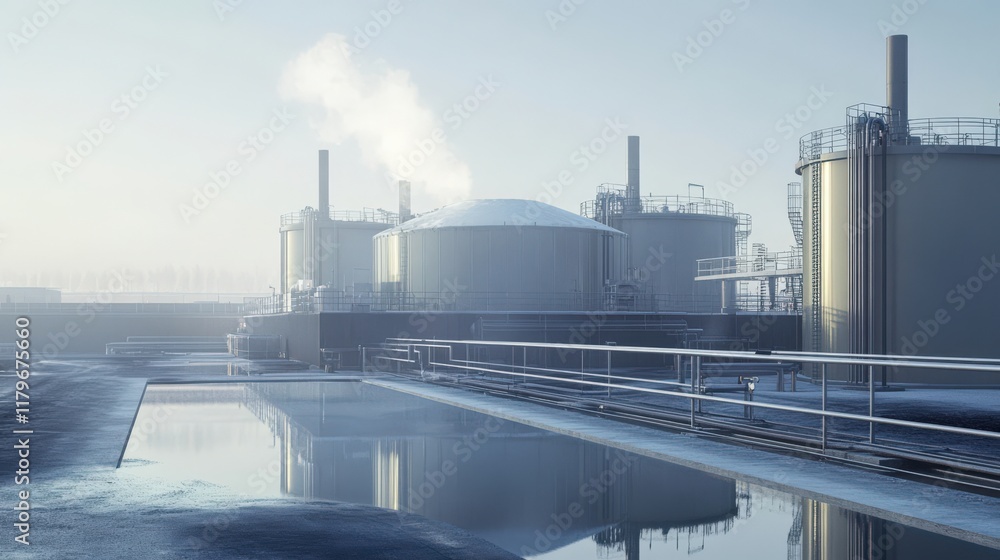 A large industrial plant with a large tank in the middle A large industrial plant with a large tank in the middle
