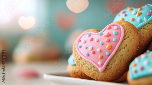 Colorful Heart-Shaped Cookies with Icing and Sprinkles for Valentine's Day Celebration