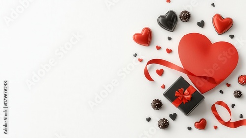 Festive Heart-Shaped Red and Black Chocolate with Gift Box and Ribbon on White Background