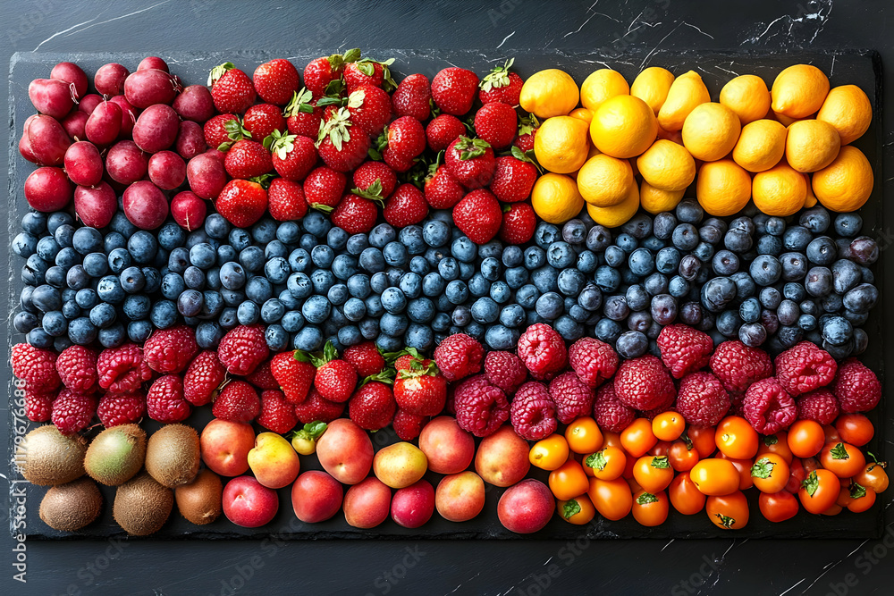 A vibrant flat lay of assorted summer fruits arranged on a dark background A vibrant flat lay of assorted summer fruits arranged on a dark background