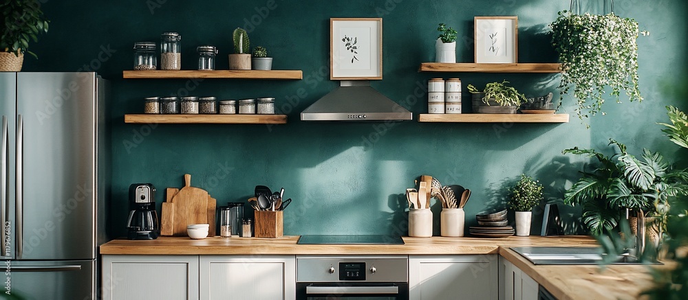Modern Green Kitchen Interior Design with Plants and Wooden Shelves