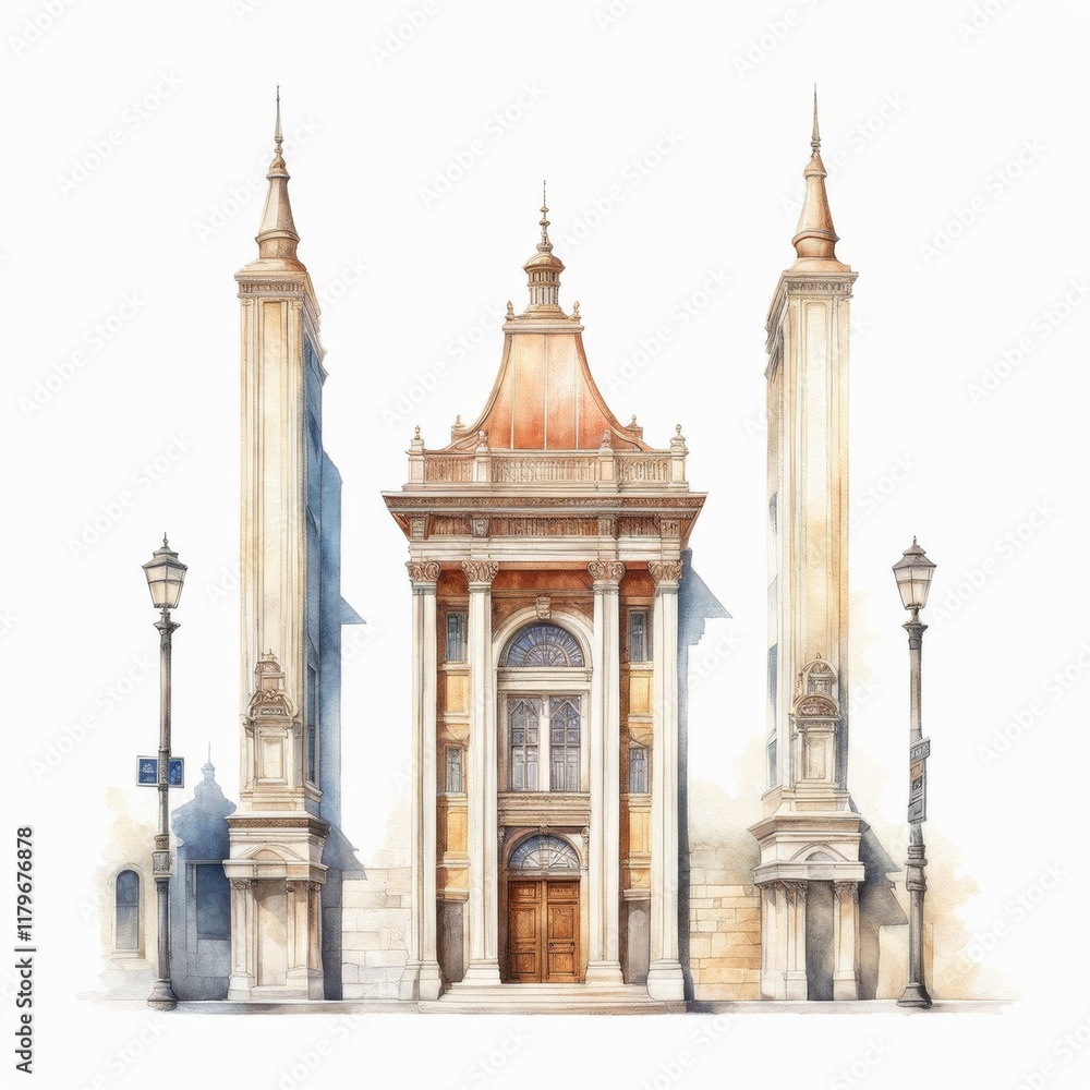 Fototapeta premium Watercolor illustration with high-rise antique building and people on the square.
