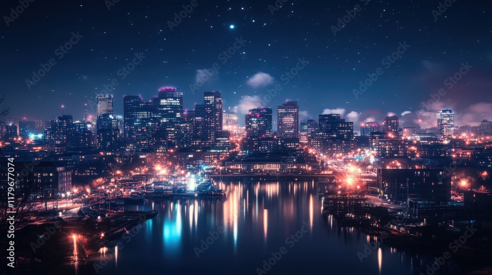 City Lights Reflections Under a Starry Night Sky Urban Landscape City Lights Reflections Under a Starry Night Sky Urban Landscape