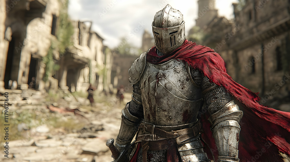 A lone knight in weathered armor stands amidst the ruins of a war-torn city, a red cape billowing behind him as he surveys the devastation. The scene A lone knight in weathered armor stands amidst the ruins of a war-torn city, a red cape billowing behind him as he surveys the devastation. The scene
