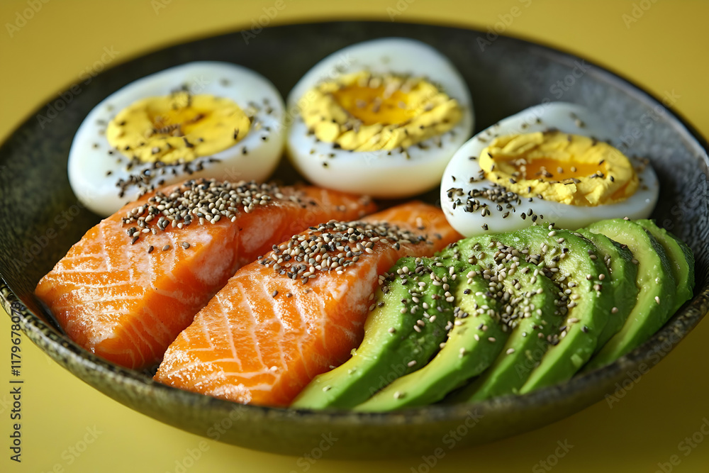 A healthy and delicious breakfast plate featuring fresh salmon, boiled eggs, avocado slices, and chia seeds. This nutritious meal is perfect for a ba A healthy and delicious breakfast plate featuring fresh salmon, boiled eggs, avocado slices, and chia seeds. This nutritious meal is perfect for a ba